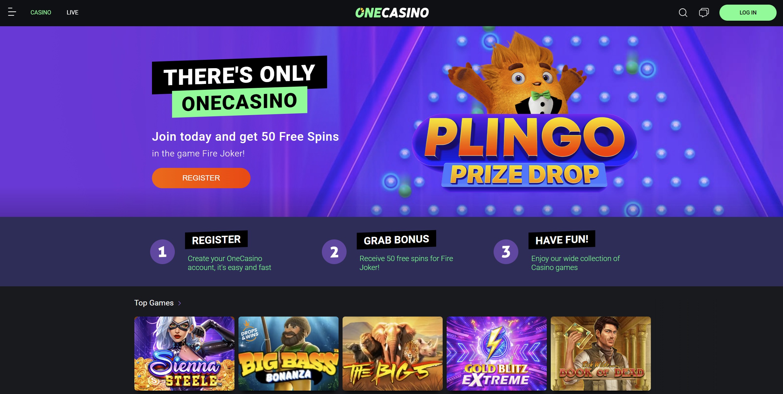 Screenshot of the One Casino homepage showing login and sign-up buttons.